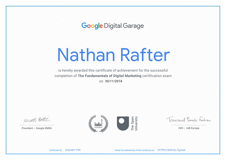 The Fundamentals Of Digital Marketing Certification From Google Digital Garage For Nathan Rafter.